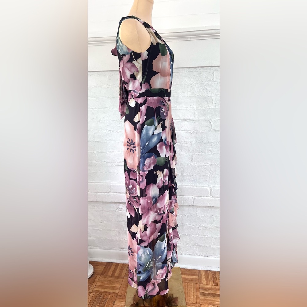 Betsy and Adam Floral Ruffle Slit Chiffon Halter Gown In Wine Rose Chiffon Maxi - Picture 6 of 16